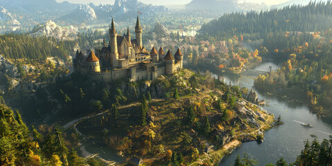 Fototapeta premium Aerial view of historic castle surrounded by lush greenery and river, showcasing stunning architecture and natural beauty. scene evokes sense of wonder and tranquility