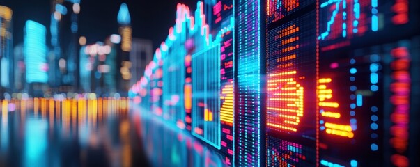 Stock Market Volatility Trends concept. Skyline built from cryptocurrency symbols and stock bars, futuristic economy, market fusion, volatility trends