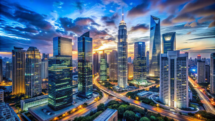 Fototapeta premium vibrant cityscape at sunset showcases sleek skyscrapers and dynamic lines, highlighting expansive business district with stunning skyline and bustling urban environment