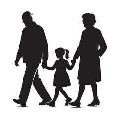 grandparents walking with two granddaughter vector silhouette Illustration