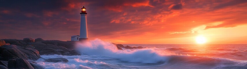 Fototapeta premium Majestic lighthouse on rugged coastline, waves crashing fiercely, vibrant sunset painting the sky in hues of orange and purple, symbolizing resilience against nature's fury.
