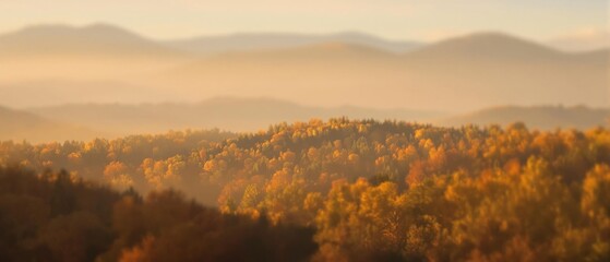 Softly focused autumnal scene with blurred hills and trees, blurred hills, soft focus, outdoor photography, overcast sky