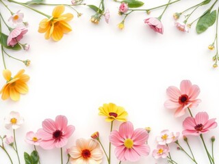 A beautiful floral frame made up of various flowers in pastel colors, with a blank white space in the middle, created using generative AI technology, nature, white background