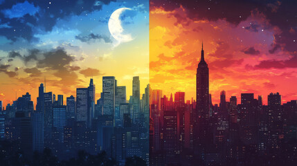 Fototapeta premium stunning city skyline transitioning from day to night, showcasing vibrant colors and crescent moon. left side features bright blue sky, while right side displays warm orange sunset