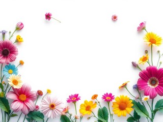 Obraz premium A beautiful floral frame with various flowers encircling a blank space in the middle, set against a clean white background, artwork, frame