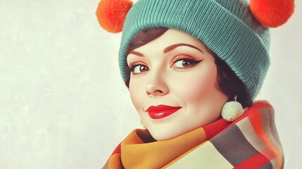 Vibrant Young Woman in Colorful Knit Winterwear: Perfect Poster for Sporty Interiors, Featuring Teal Beanie, Mustard Scarf & Playful Pom-Poms Against a Bright White Background!