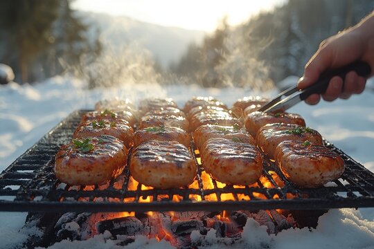 Winter grilling session with sausages on the grill, creating a warm and festive outdoor moment.