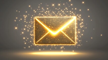 Glittering Golden Envelope Surrounded by Sparkles and Lights, Symbolizing Communication, Connection, and Digital Messages in a Dynamic Visual Display