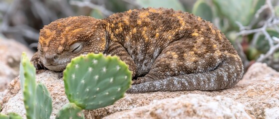 Resting lizard on cactus capturing reptilian behavior in nature