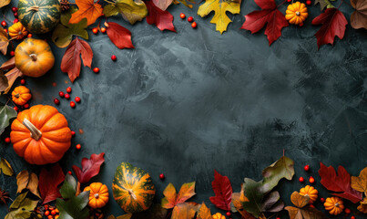 Thanksgiving and Autumn decoration concept made from autumn leaves and pumpkin on dark background. Flat lay, top view with copy space