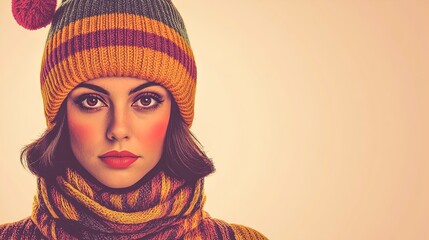 Vibrant Young Woman in Colorful Knit Winterwear: Perfect Poster for Sporty Interiors, Featuring Teal Beanie, Mustard Scarf & Playful Pom-Poms Against a Bright White Background!