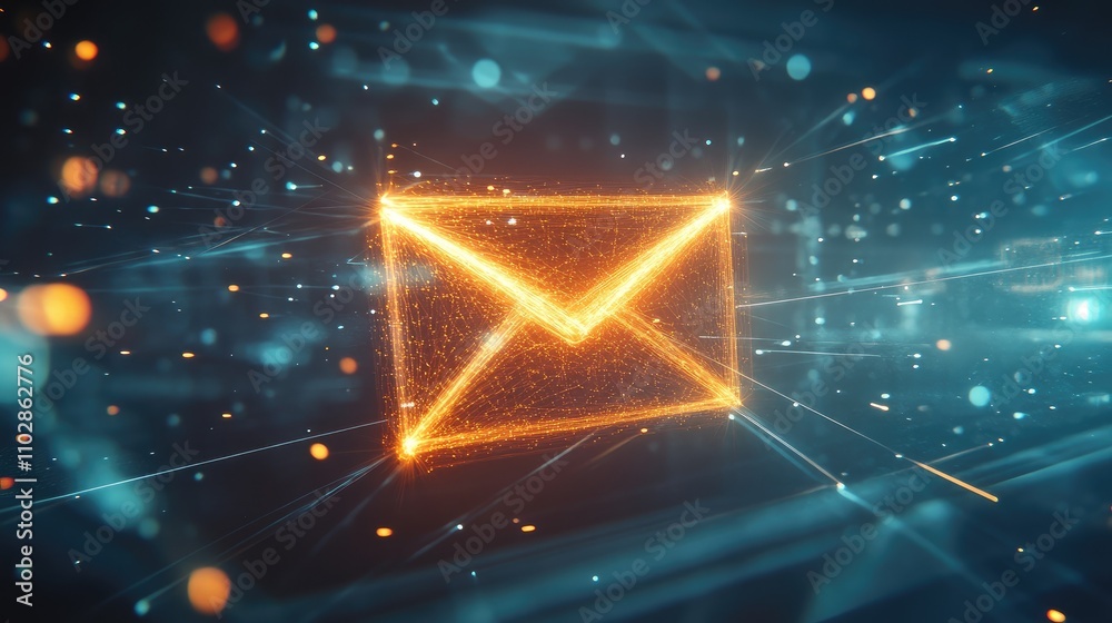 Poster abstract digital mail icon with futuristic neon lights, representing communication and connectivity 