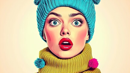 Vibrant Young Woman in Colorful Knit Winterwear: Perfect Poster for Sporty Interiors, Featuring Teal Beanie, Mustard Scarf & Playful Pom-Poms Against a Bright White Background!