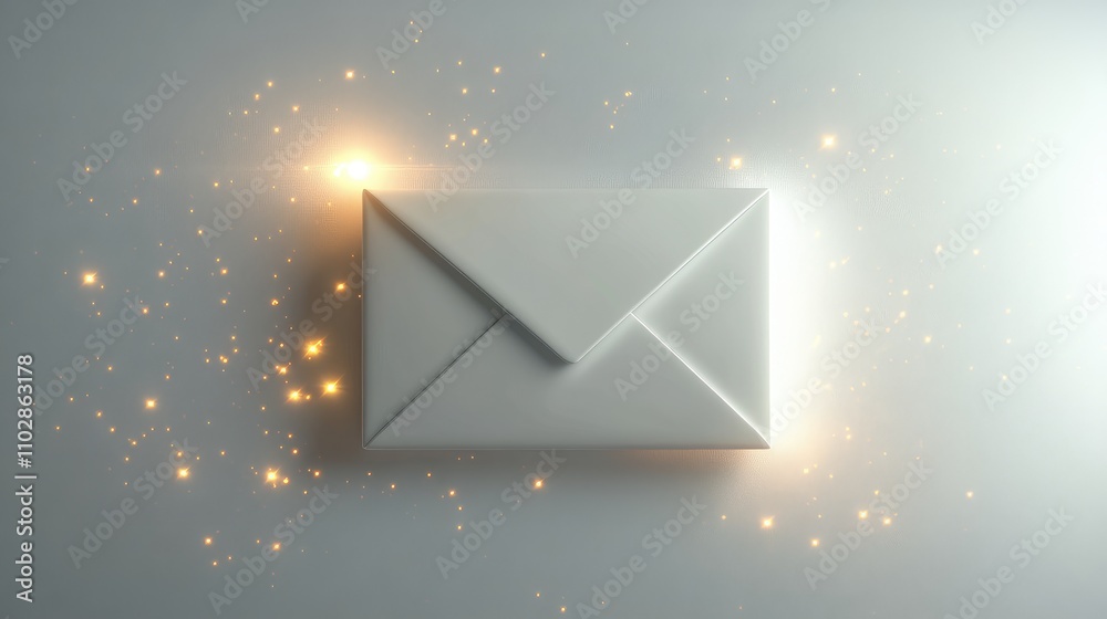Poster futuristic white envelope with illuminating sparkles against a soft background representing digital 