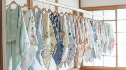 A symphony of colors: A collection of vibrant, patterned kimonos hangs elegantly on a bamboo rack, showcasing the artistry and beauty of Japanese fashion.  