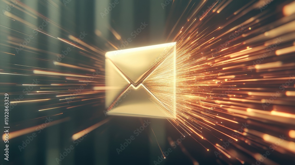 Poster sparkling golden envelope surrounded by dynamic light trails representing fast communication and dig