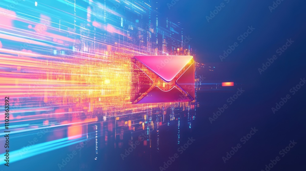 Poster abstract digital background with colorful motion blur featuring an illuminated envelope icon symboli