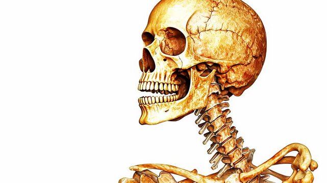 A side view illustration of a human skull and upper spine, anatomical, watercolor style