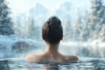 A rear view of a woman relaxing in a steaming outdoor hot tub, surrounded by a snowy mountain landscape