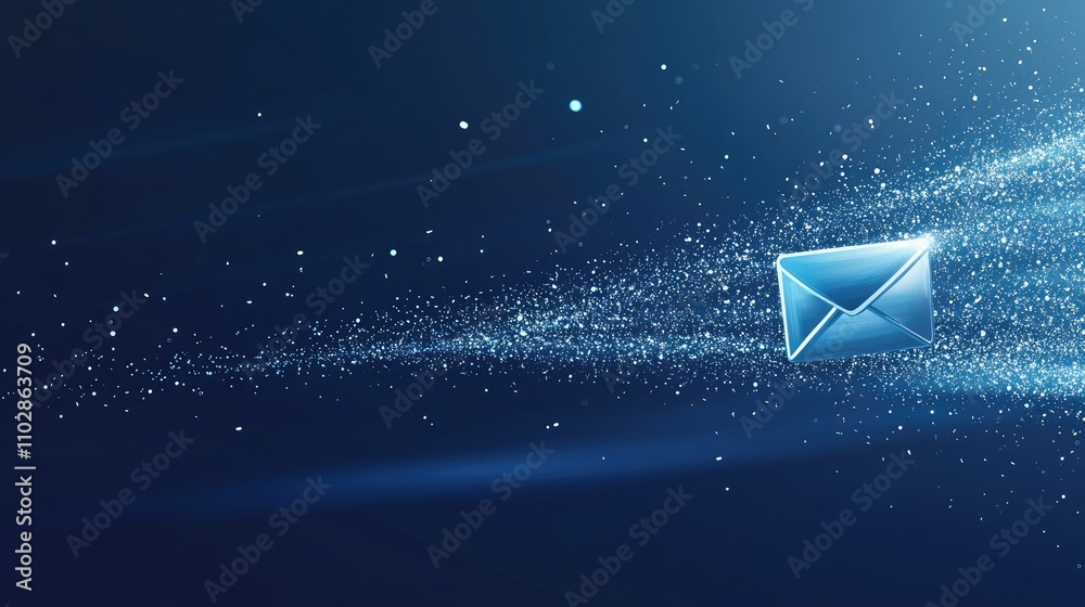 Poster dynamic digital representation of a flying email message surrounded by sparkling particles and light