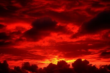 Dramatic Red Sky with Dark Clouds Fiery Sunset Texture Scary Ominous Background for Design