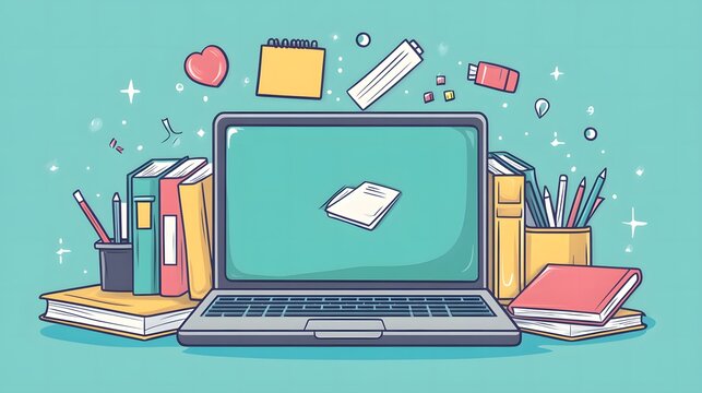 Laptop with books, stationery, and floating notes.