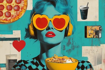 Colorful Pop Art Woman with Blue Hair Sunglasses Cereal Freedom Joy Lifestyle Modern Art