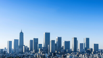 Urban Skyline Serenity: A panoramic view of a modern city skyline under a clear blue sky, showcasing architectural marvels and urban development.  