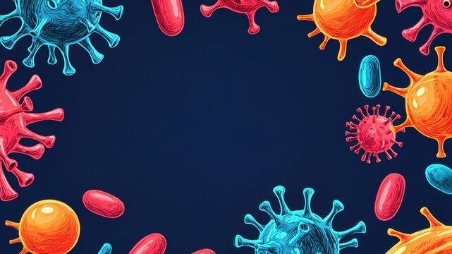 A vibrant illustration depicting various viruses and bacteria in red and blue