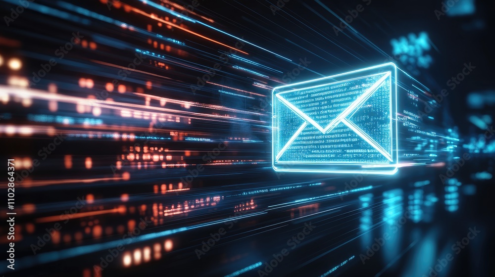 Poster digital mail concept with futuristic neon envelope surrounded by data streams representing quick com
