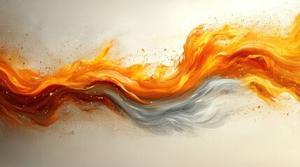 Abstract flowing orange and gray paint splash design.