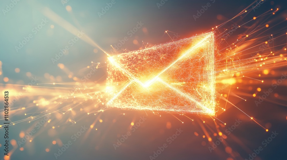 Poster illuminated envelope with light trails representing digital communication and messaging technology i