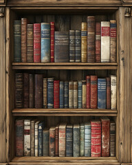 Naklejka premium Antique books lined up on wooden shelves.