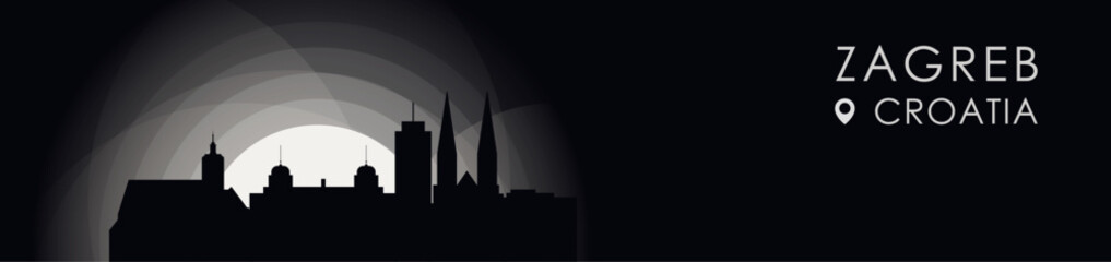 Fototapeta premium Vector Zagreb, Croatia cityscape banner. Black and white placard profile picture for header, footer