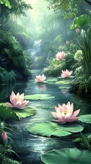 Tranquil Lotus Pond, serene water reflecting blooming lotus flowers, surrounded by vibrant greenery, evoking a sense of peace and harmony in nature.