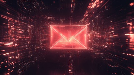 Futuristic Digital Email Concept with Glowing Red Envelope in a High-Tech Environment Representing Modern Communication and Data Transfer