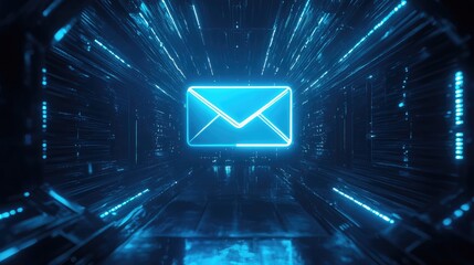 Futuristic Blue Neon Email Icon Emanating Light in a Digital Tunnel with Abstract High-Tech Background for Communication and Technology Themes