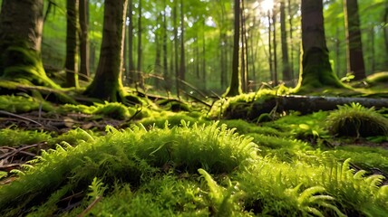 Close up Vibrant green moss covering the forest floor in a sunlit woodland Generative AI Illustration, JPG, AI GENERATED