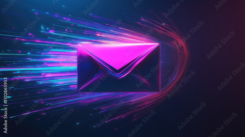 Poster stylish neon mail icon with dynamic light trails representing fast communication in a digital world 