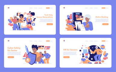 Tech Help Across Generations. Flat Vector Illustration