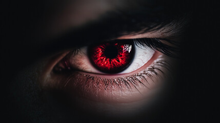 Red Eye Gaze:  A close-up, high-contrast shot of a piercing red eye staring intently, radiating a sense of power and mystery, perhaps a symbol of danger or intensity.  