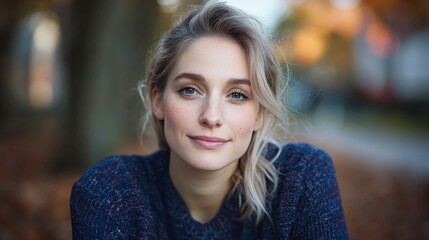 Fototapeta premium Beautiful Blonde Woman Smiling Outdoors Autumn Park Casual Portrait