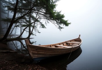 Serene Wooden Rowboat on Misty Lake Tranquil Nature Scene