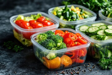 A vibrant collection of fresh salads in transparent plastic containers