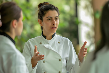 Female chef discussing culinary techniques with team outdoors