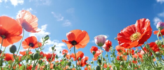 Obraz premium The intricate details of the red poppy flowers are captured in high resolution against a clear blue sky on a cloudless summer day, close-up, red poppy, single flower