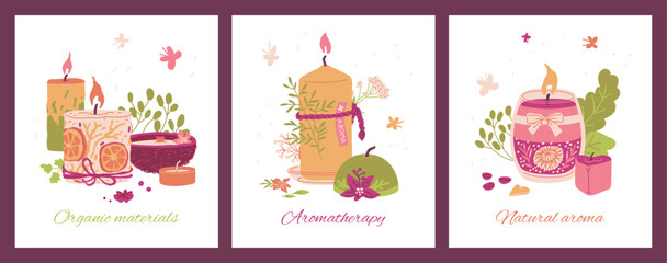 Aromatic candles perfume fragrance vector card flat design set, burning candles decorated with flowers organic materials