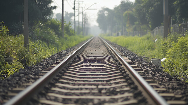 Endless Tracks: A misty morning shrouds the railway tracks, leading the eye into the distance.  The parallel lines, disappearing into the fog, evoke a sense of mystery, anticipation.
