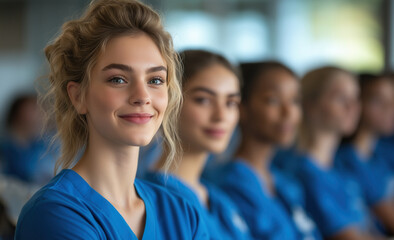 Fototapeta premium Group of Medical Students Attending Lecture in Blue Scrubs
