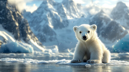 A cute polar bear cub sitting on the snow, with majestic mountains in the background. 